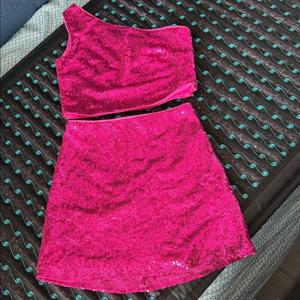 Pink Sequin One-Shoulder Top and Skirt Set